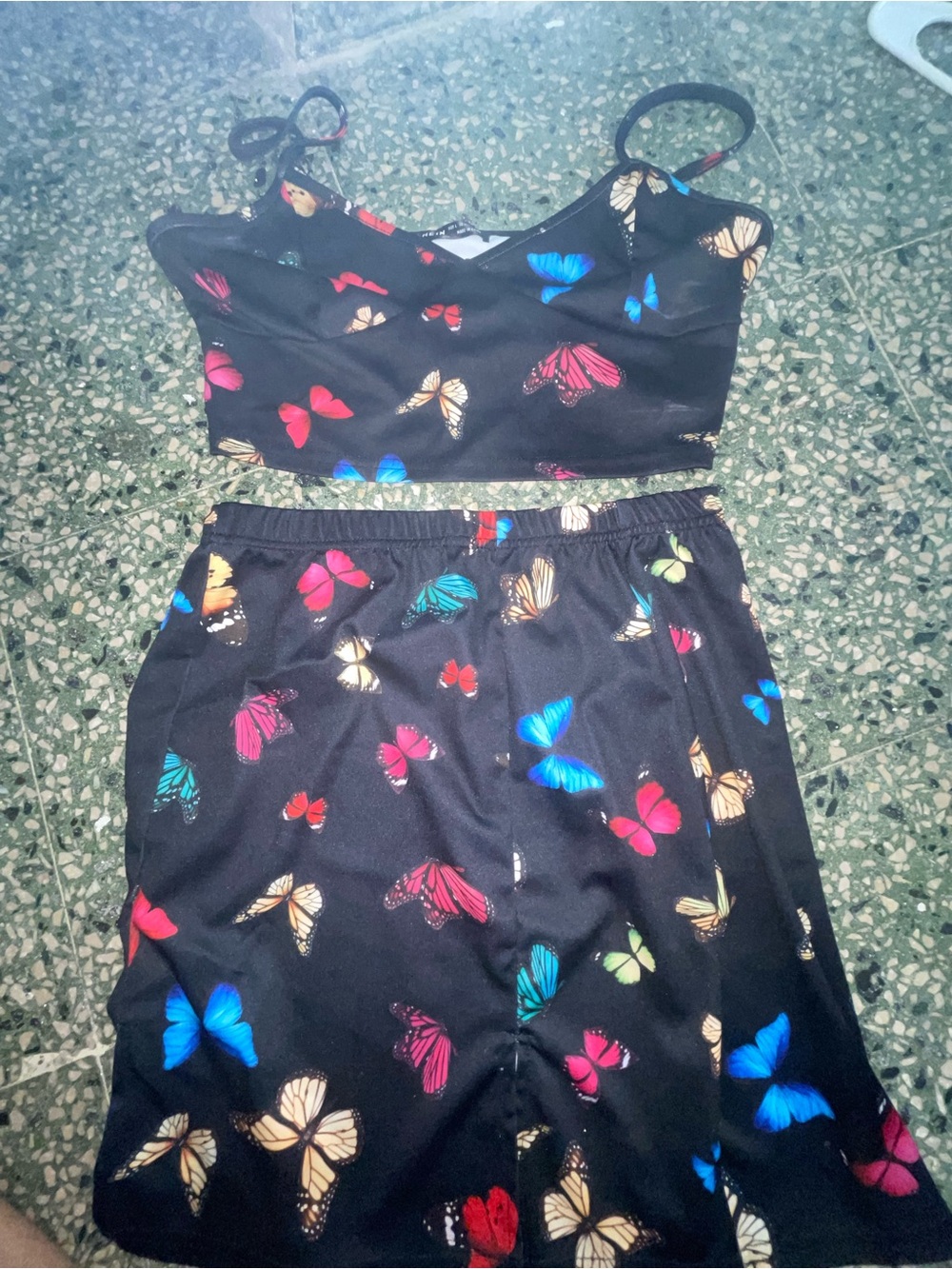 Women Black Butterfly Print Two-Piece Skirt Set